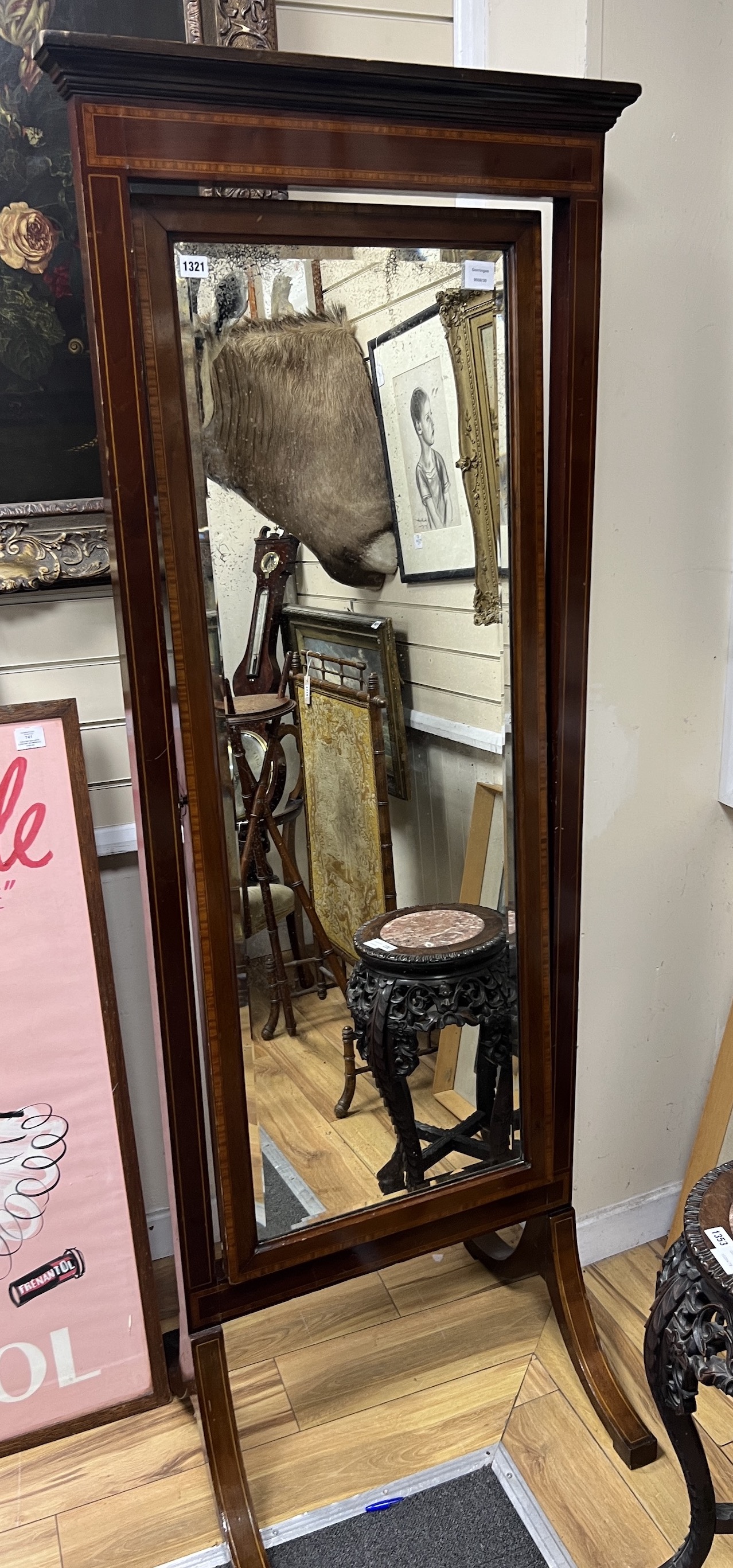 An Edwardian satinwood banded mahogany cheval mirror, width 69cm, height 188cm